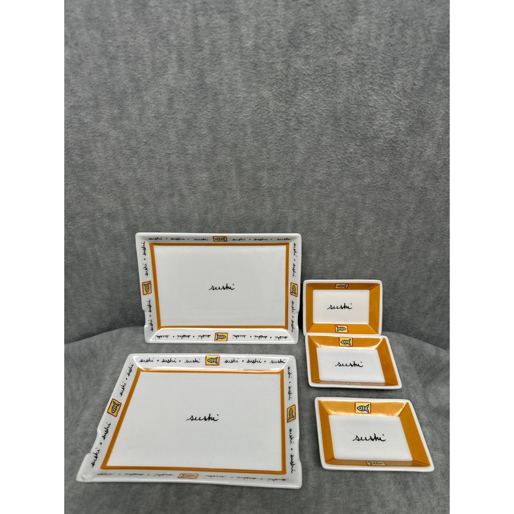 VTGโ Joie De Vivre Sushi Serving Set 5pc White Yellow Fish Pattern Plates
